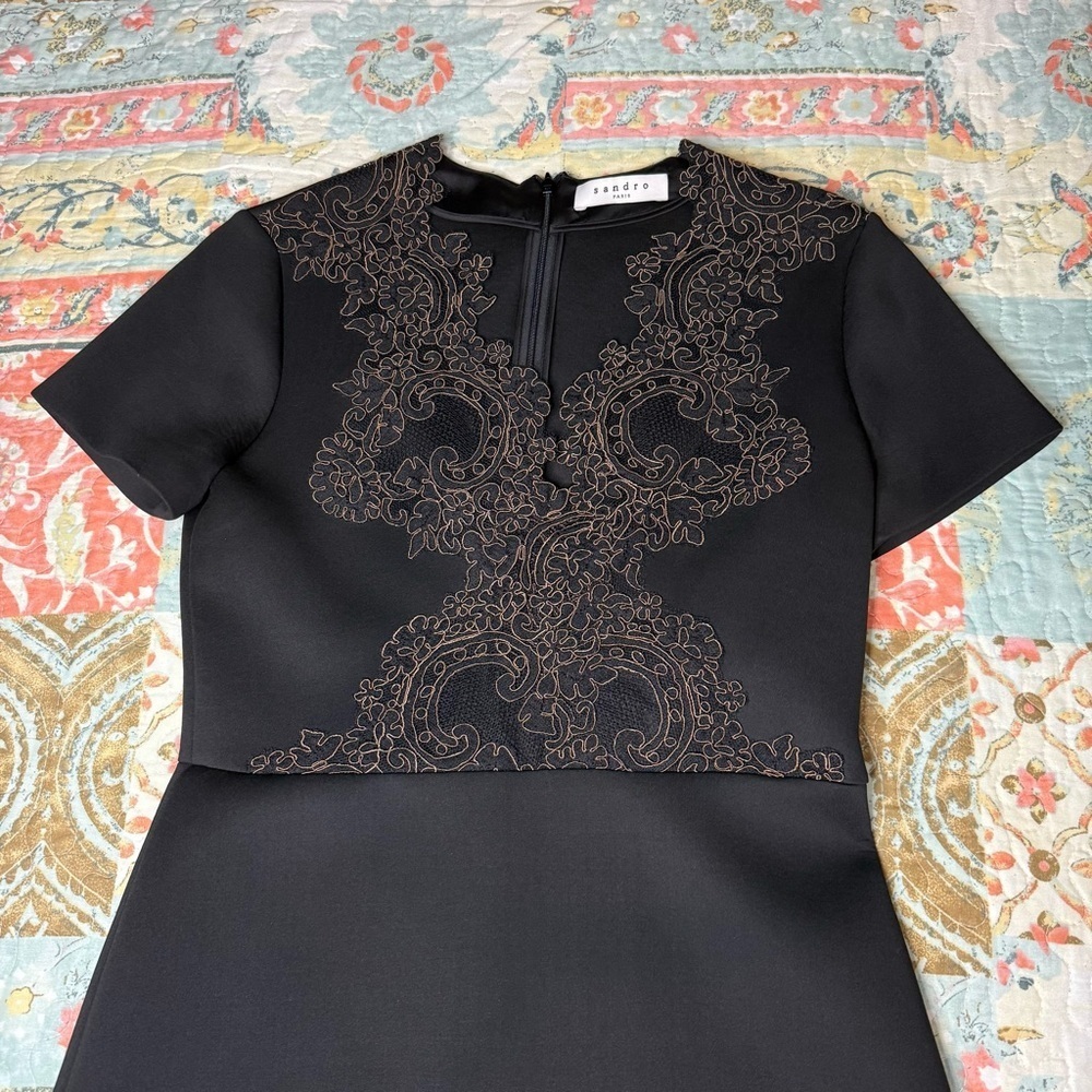 Sandro Black Dress with Embroidery R4937H-20 size Small Preppy Quiet Luxury - Picture 12 of 16
